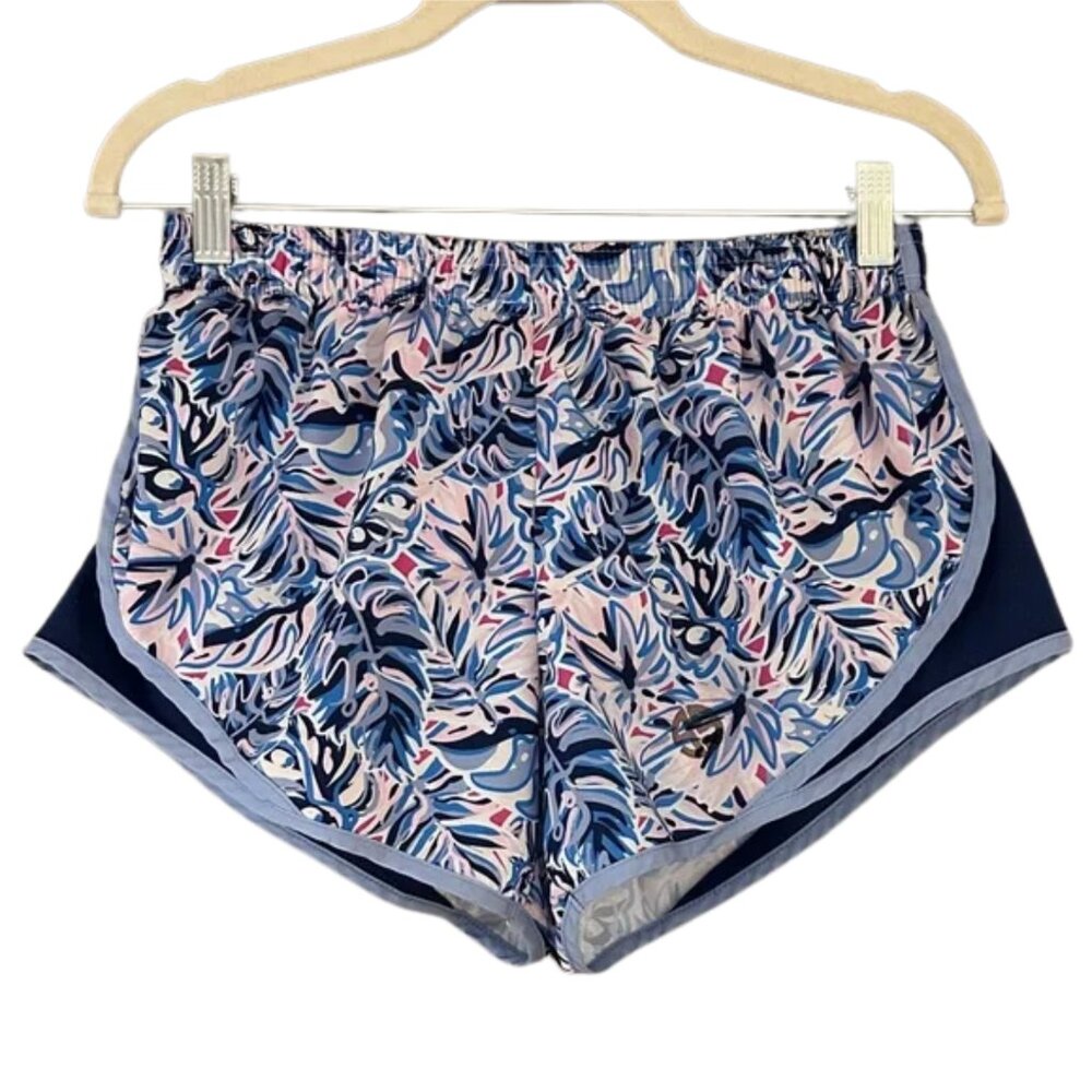 Simply Southern Blue Floral Athletic Shorts Pink Trim Lightweight Running Summer